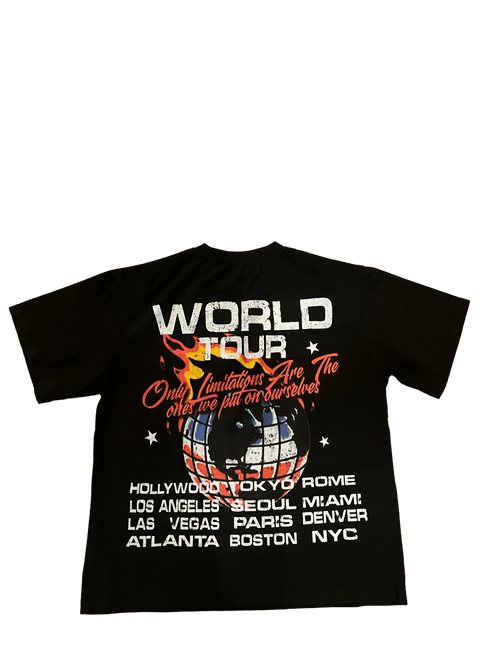 Playing in fire graphic tee clothing featuring a bold world tour design with vibrant city names.