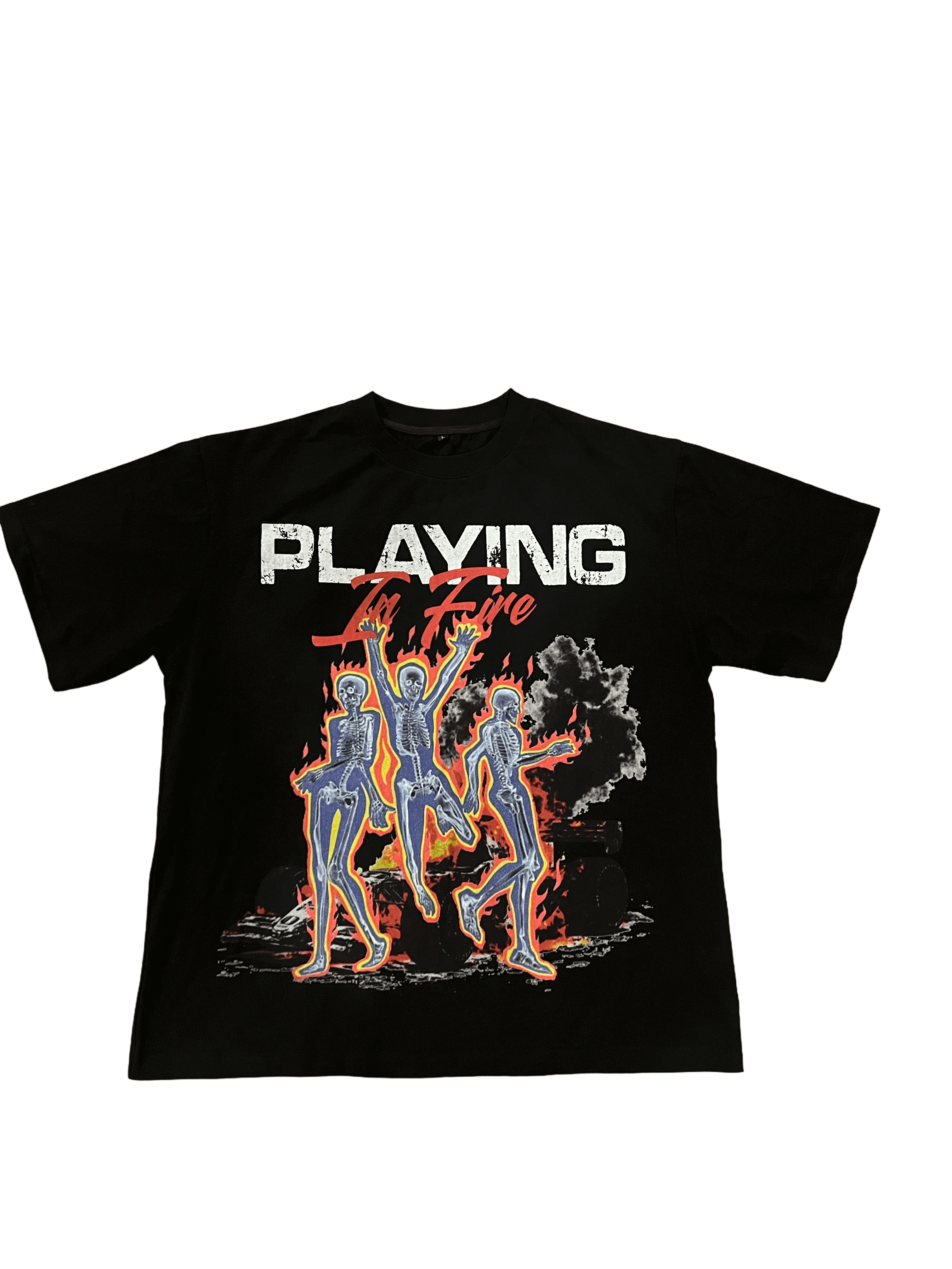 Playing in fire graphic tee clothing featuring vibrant silhouettes surrounded by flames on a black oversized shirt.
