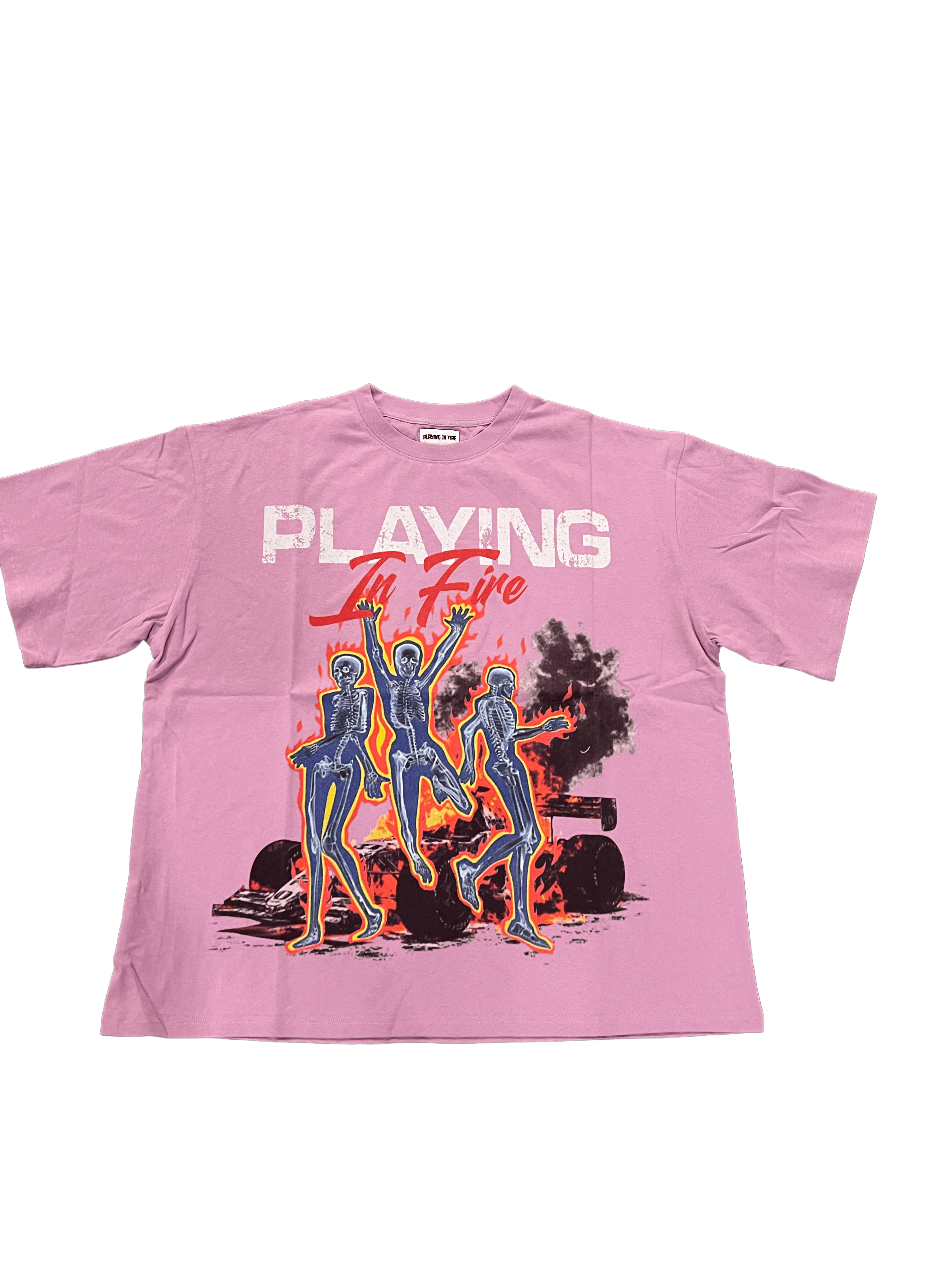Playing in fire graphic tee DTG print on soft cotton featuring bold graphics on a pink shirt.