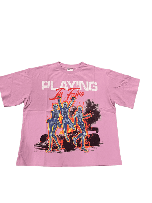 Playing in fire graphic tee DTG print on soft cotton featuring bold graphics on a pink shirt.